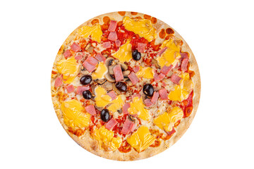 Pizza ham, mushrooms, olives, cheese appetizer vegetable dish fresh delicious gourmet food background on the table rustic food top view copy space