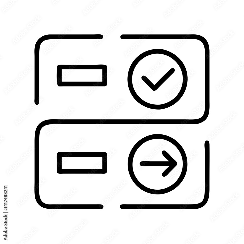 Poster workflow process management icon showing task completion and next step in black outline style