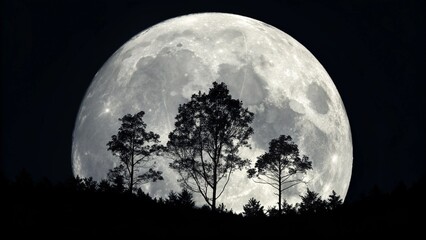Fototapeta premium The majestic moon rising behind the silhouette of trees in a dark night