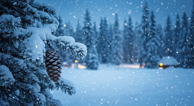Snow Falling in Forest with Pine Tree and Cone in Winter