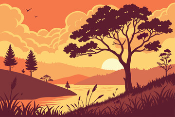 49 Vibrant sunset landscape, silhouetted trees, golden sun, dramatic sky, fiery orange clouds, calm lake reflection, rolling hills, foreground grasses, reeds, peaceful nature scene, digital painting s