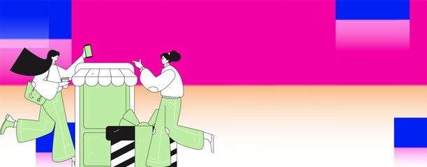 Holiday shopping people doing e-commerce online shopping flat vector concept operation hand drawn illustration
