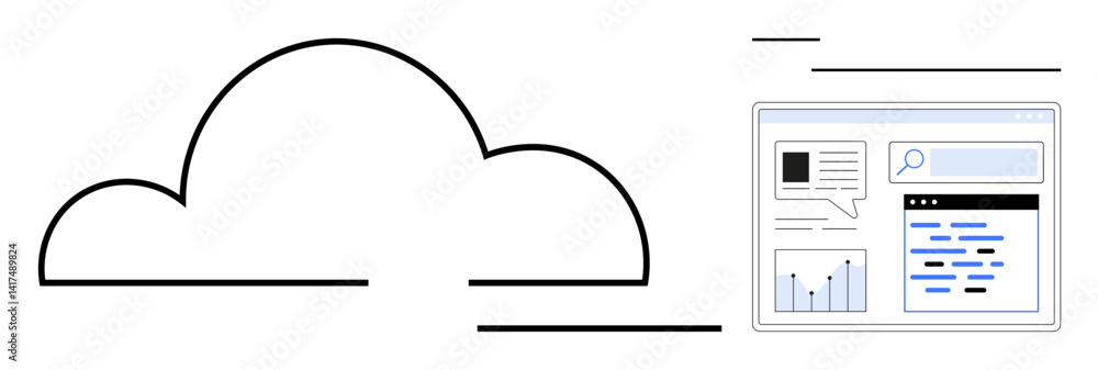 Aufkleber cloud outline connected to a data dashboard featuring search bar, analytic charts, and structured te
