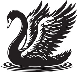 Obraz premium A stylized black swan with intricate feather details floating on water ripples illustration art