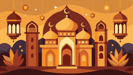 Majestic Mosque at Sunset Golden Ramadan Lantern Festive Illustration