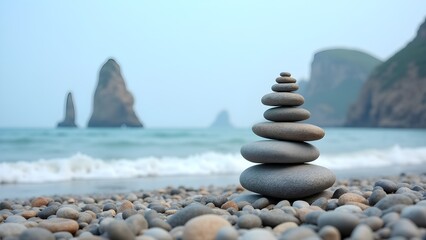 Fototapeta premium Zen Stone Stacking on a Rocky Beach with Coastal Cliffs and Serene Waterscape for Meditative Balance