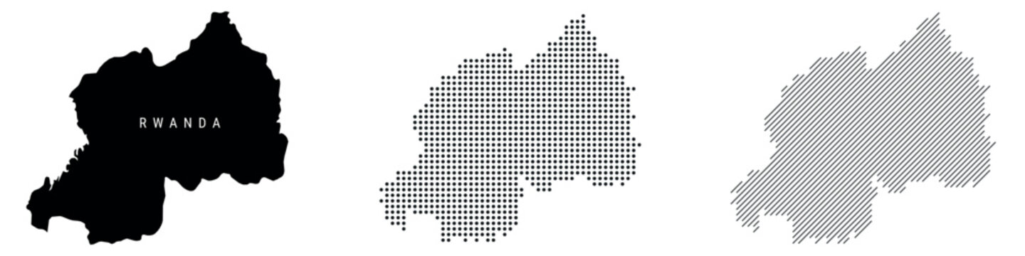 Rwanda detailed silhouette map, dotted pattern and slanted parallel lines pattern. Rwandan textured stylized map. Vector illustration isolated on white.