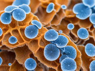 A detailed macro shot showing blue cellular organisms atop an intricate orange honeycomb.