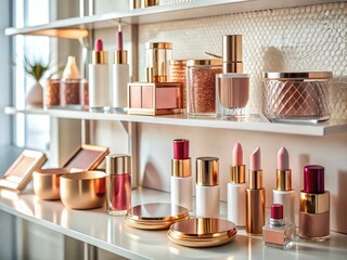 Rose gold accents elevate a minimalist white shelf, displaying a chic collection of makeup and skincare essentials.