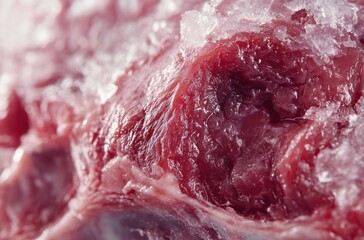 Super macro shot of a frozen raw lamb leg, icy surface texture,