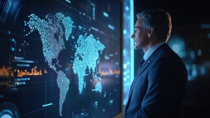 A professional man examines a digital map displaying data visualizations, emphasizing technology and global analytics in a modern environment.