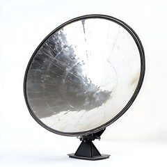 Large, reflective, concave mirror mounted on a stand