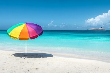 "Colorful beach umbrella on tropical white sand shore with cruise ship in the distance on a clear blue ocean"