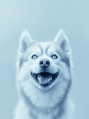 Smiling husky dog with bright blue eyes.