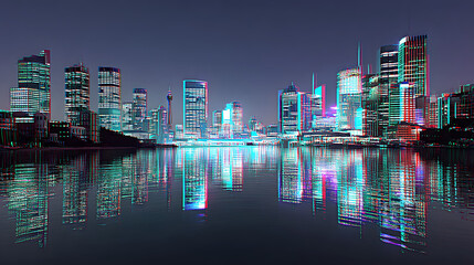 Fototapeta premium City Skyline background with 3d glitch effect, retro 80s, 70s synthwave cityscape
