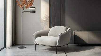 Modern, light gray upholstered armchair in a minimalist living room.