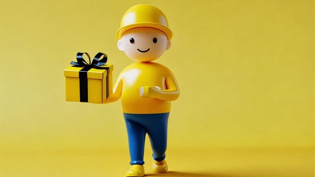 Cute 3d cartoon delivery boy holding yellow gift box standing on bright yellow background