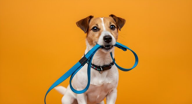 Concepto de cuidado de perros con un perro activo y feliz sosteniendo la correa en la boca, listo para salir a caminar