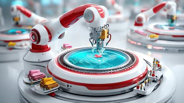 Futuristic robotic arm working on microchip design, with robotic precision and robotic AI innovation enhancing robotic automation processes.