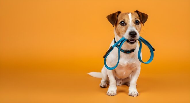 Concepto de cuidado de perros con un perro activo y feliz sosteniendo la correa en la boca, listo para salir a caminar