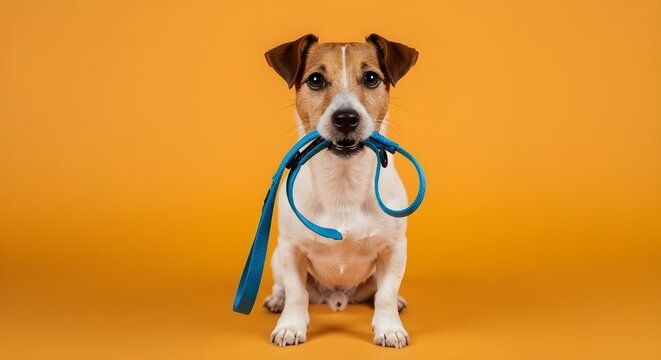 Concepto de cuidado de perros con un perro activo y feliz sosteniendo la correa en la boca, listo para salir a caminar