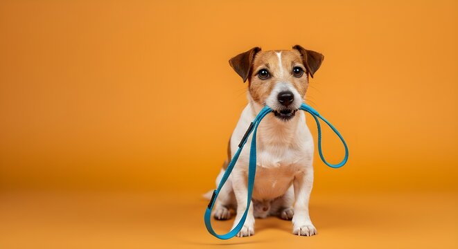 Concepto de cuidado de perros con un perro activo y feliz sosteniendo la correa en la boca, listo para salir a caminar