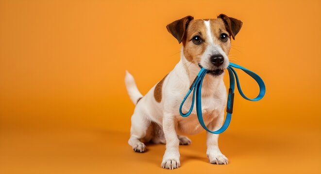 Concepto de cuidado de perros con un perro activo y feliz sosteniendo la correa en la boca, listo para salir a caminar
