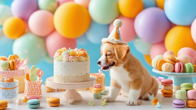 Puppy birthday celebration with cake and macarons for puppy birthday party in a colorful puppy birthday setup with balloons and treats.

