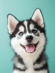 Happy husky dog with bright blue eyes.