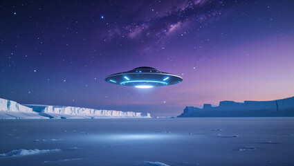 Obraz premium A sleek, glowing UFO floats above a frozen, alien landscape with a starry, purple night sky.