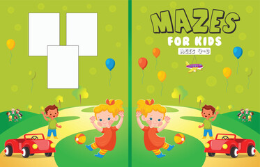 Children book cover. Maze. Template for advertising brochure. Ready for your message. Children look up with interest. Kid pointing at a blank template. Funny cartoon character. Vector illustration
