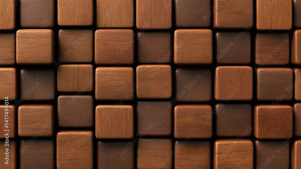 Poster close-up view of brown wooden blocks arranged in a perfect grid pattern for unique background or tex