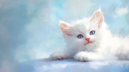 Fototapeta premium Fluffy white kitten resting on soft background.