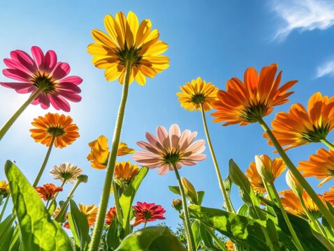 Vibrant flowers blooming under a clear blue sky in springtime