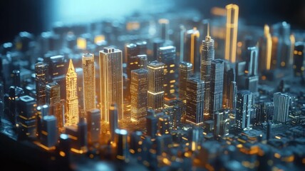 A vibrant, illuminated cityscape model showcases intricate skyscrapers and urban design, blending technology with architectural artistry.