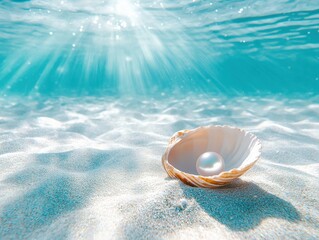Underwater pearl in a shell resting on sandy ocean floor