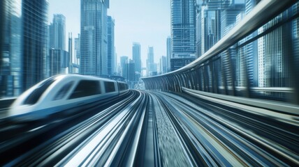 A high-speed train moves through a futuristic cityscape, surrounded by towering skyscrapers and sleek architecture, emphasizing modern urban transport.
