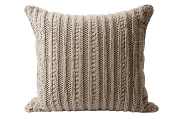 Knitted beige cushion isolated on PNG transparent background, cut out