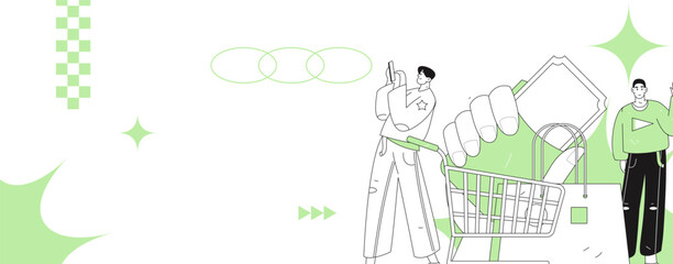 Holiday shopping people doing e-commerce online shopping flat vector concept operation hand drawn illustration
