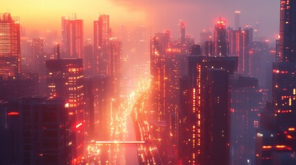 Fototapeta premium A vibrant city skyline at dusk, illuminated by glowing lights, showcasing towering buildings and a bustling road filled with traffic.