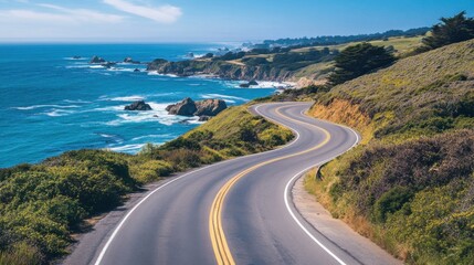 A scenic drive along a coastal highway with ocean views, capturing the beauty of the winding road and the expansive sea. 