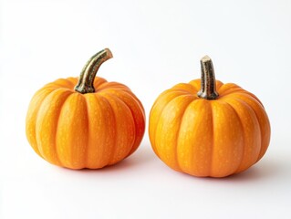Obraz premium Two bright orange pumpkins on clean white background during autumn