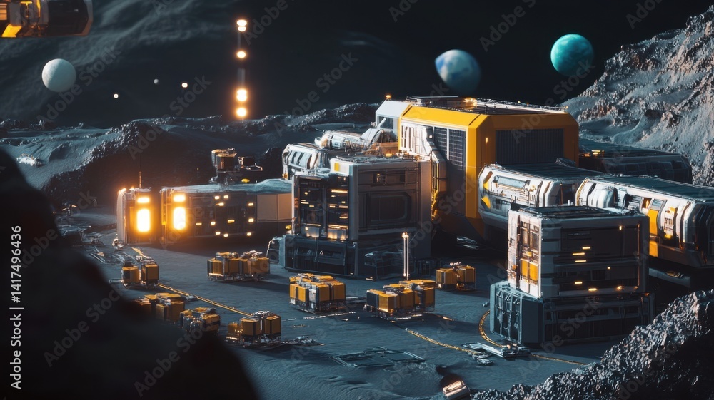 Poster a futuristic lunar base features modular structures and cargo containers, set against a backdrop of 