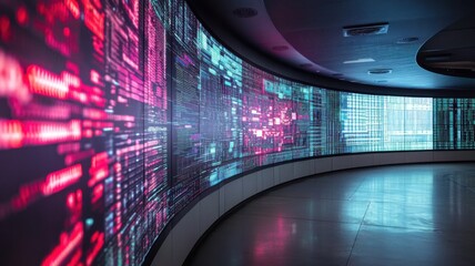 A modern digital display showcasing vibrant data visualizations in a sleek, curved space, emphasizing technology and innovation.