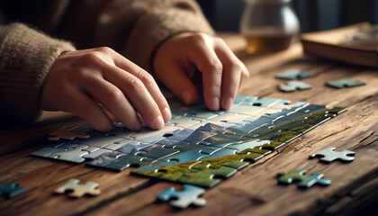 Fototapeta premium hands collecting scattered puzzles on a wooden table