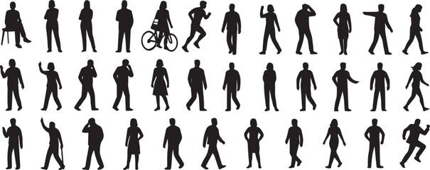 Silhouette People Set Black and White Human Figures in Various Poses and Activities editable colors