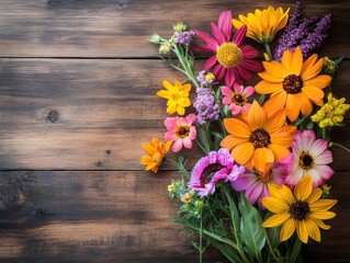 Fototapeta premium Colorful bouquet of wildflowers on rustic wooden surface