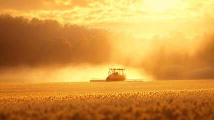 Golden Hour Harvest: A Tractor in a Misty Field at Sunrise