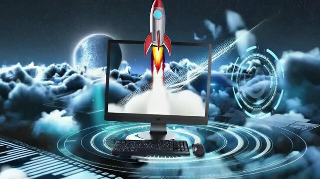 Animation of rocket coming out of an old computer