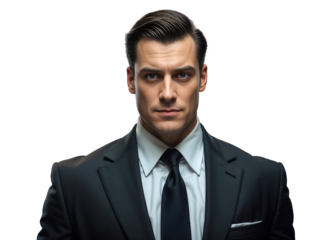 Serious businessman in suit with stern expression facing camera. Generative AI